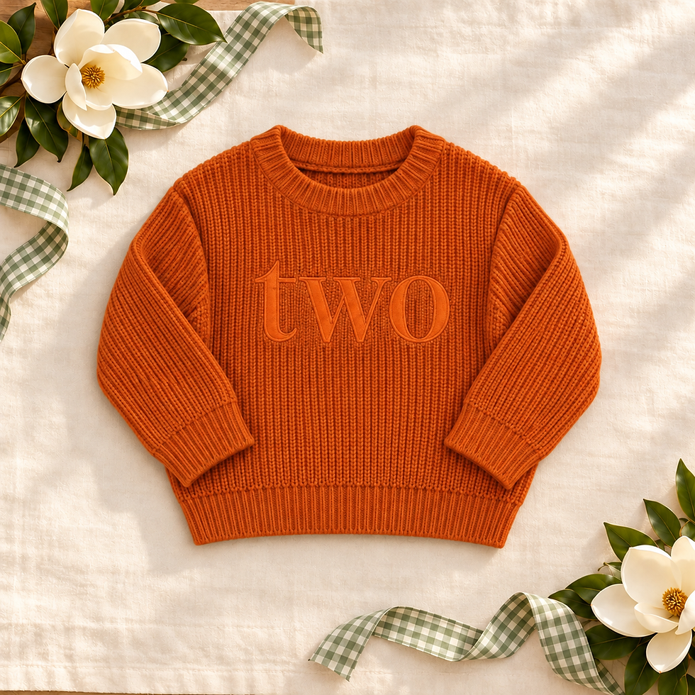 Classic Two Second Birthday Sweater on ivory linen with magnolias and sage gingham ribbon