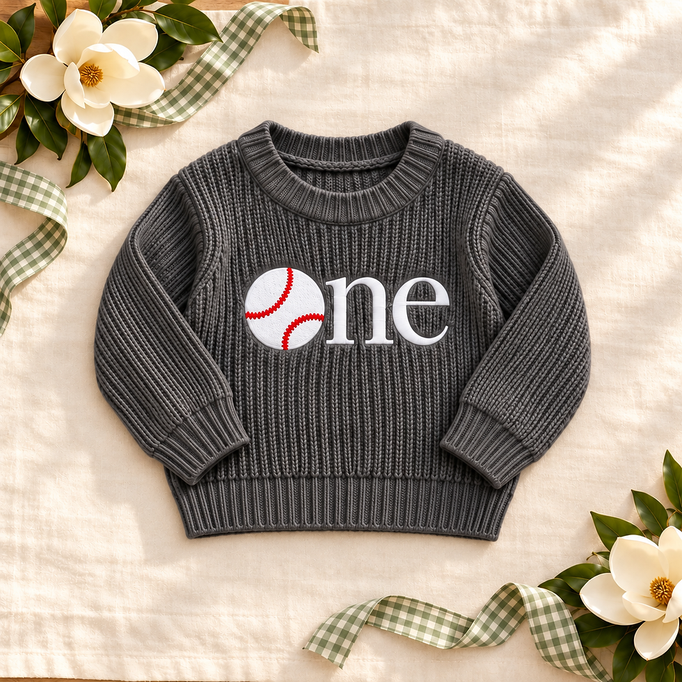 Baseball One First Birthday Sweater on ivory linen with magnolias and sage gingham ribbon