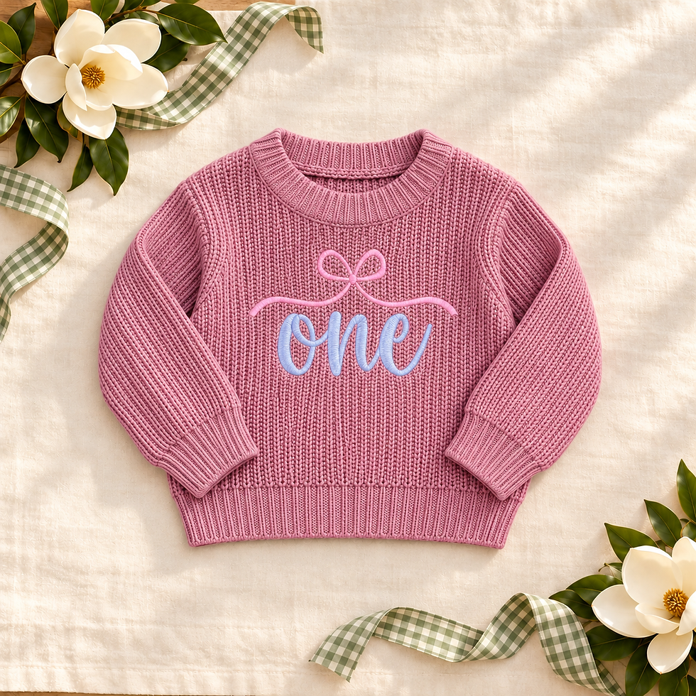 Bow One First Birthday Sweater on ivory linen with magnolias and sage gingham ribbon
