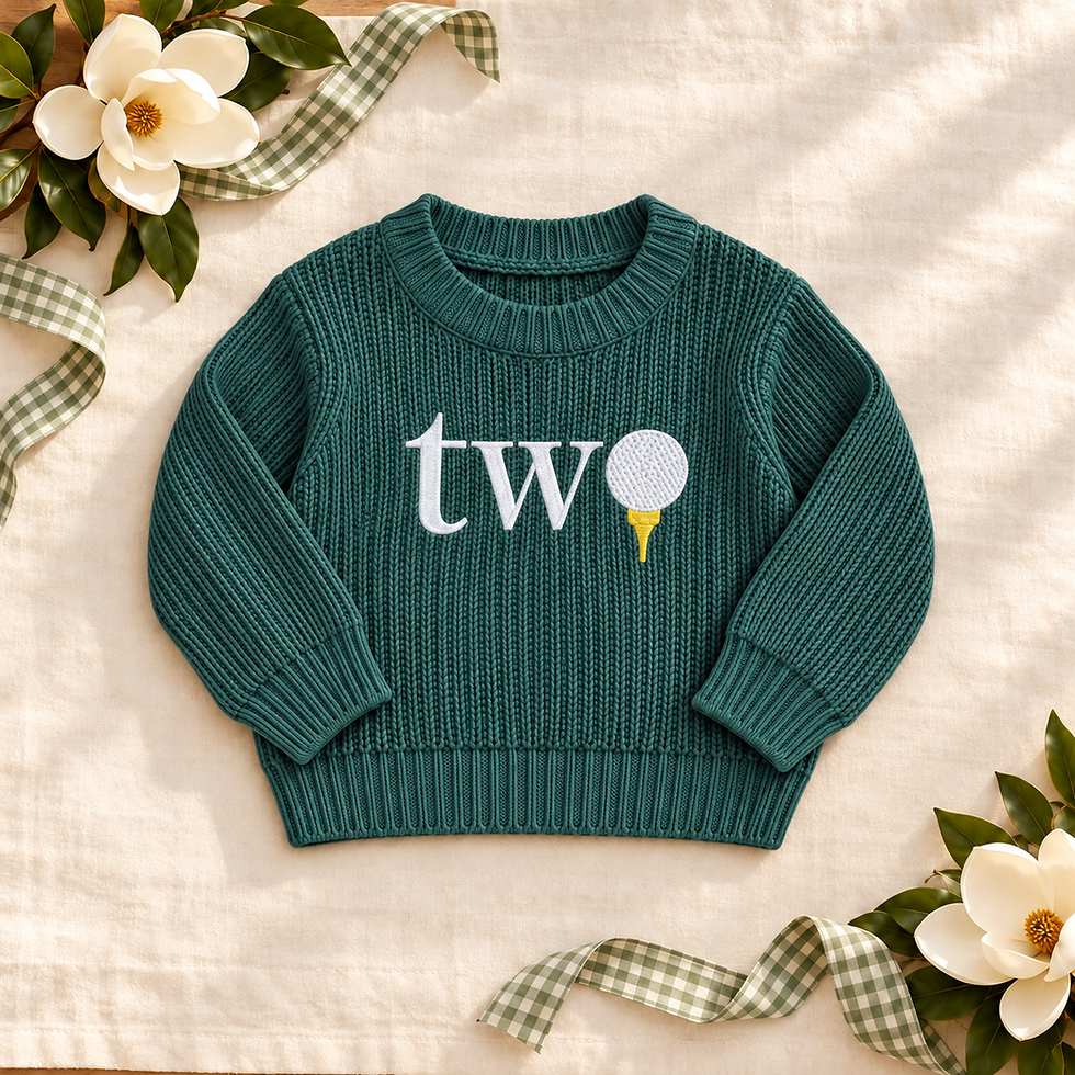 Golf Two Second Birthday Sweater on ivory linen with magnolias and sage gingham ribbon