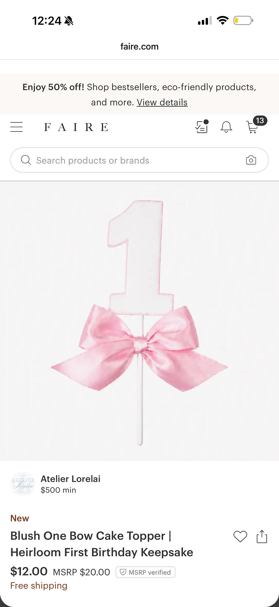 Blush One Bow Cake Topper