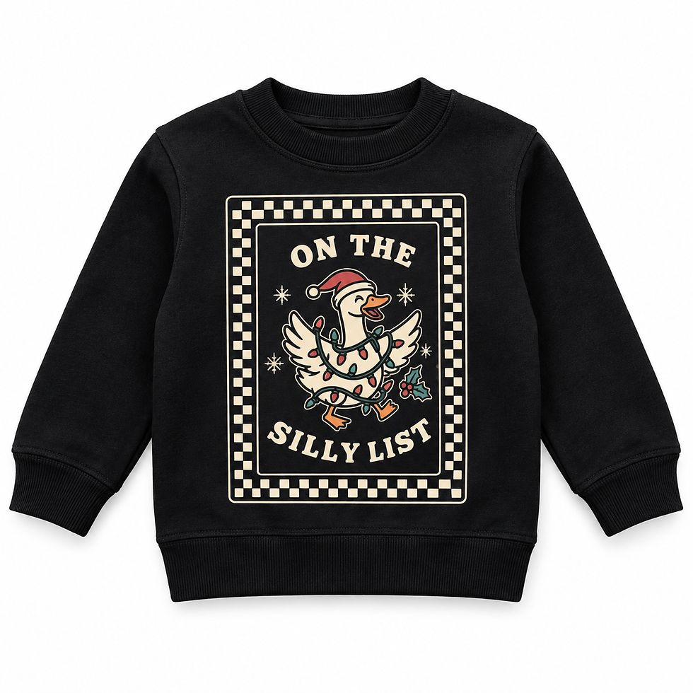 On the Silly List black Christmas sweatshirt flat lay on white