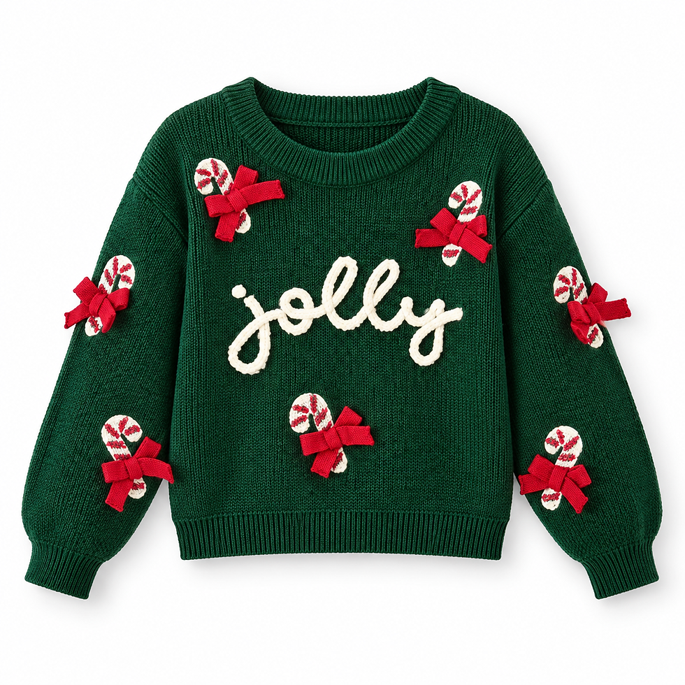 Green Jolly candy cane bow knit sweater flat lay on white