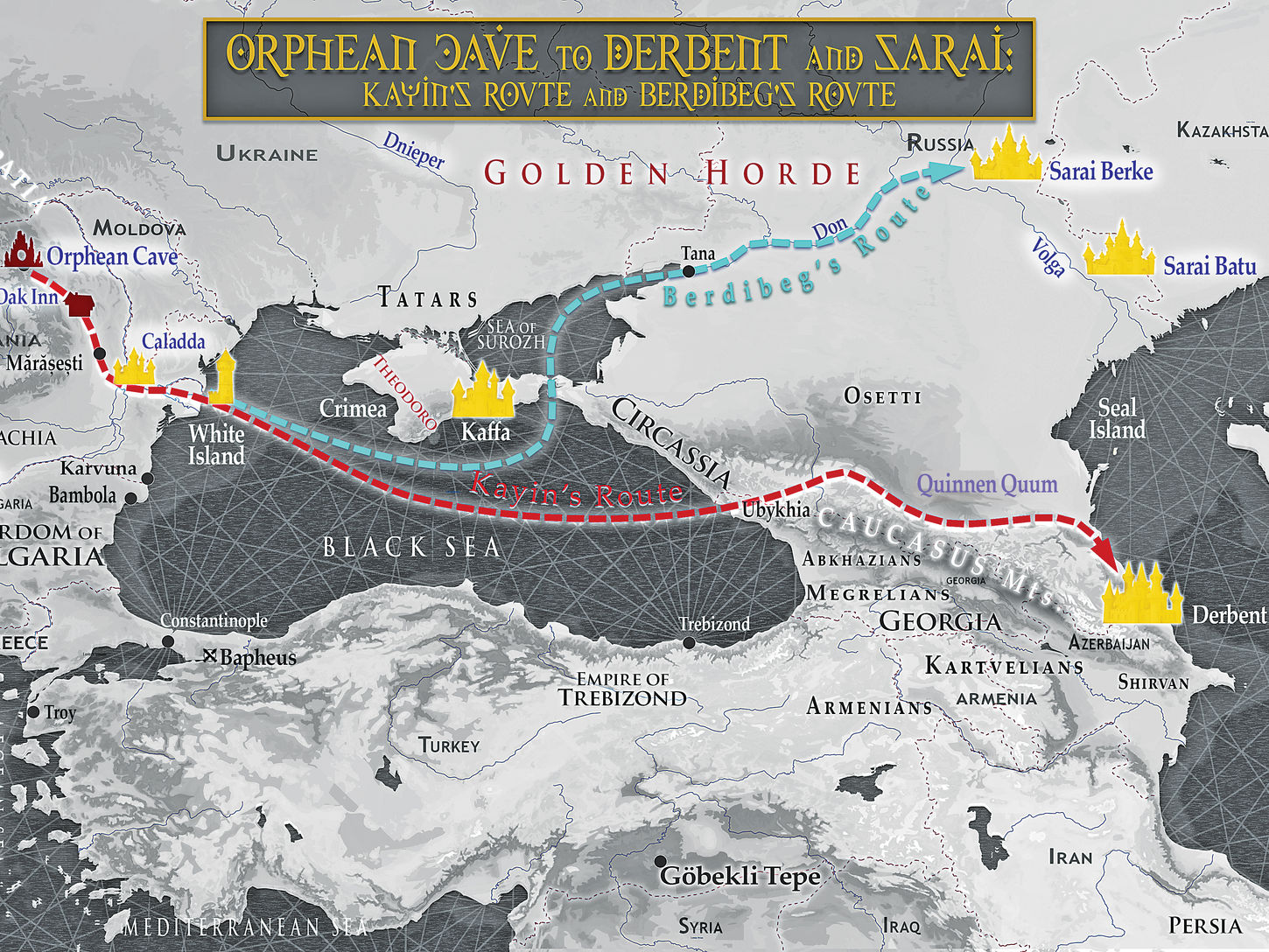MOG Map – Orphean Cave to Derbent and Sarai: Kayin’s Route and Berdibeg’s Route