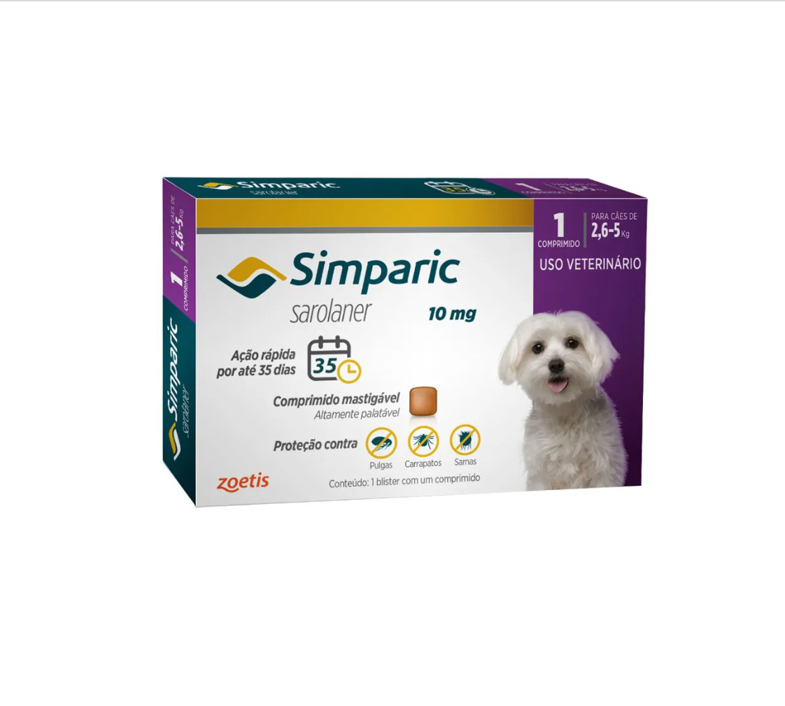 Antipulgas Simparic 10mg Para Cães 2,6 a 5kg 1 comprimido