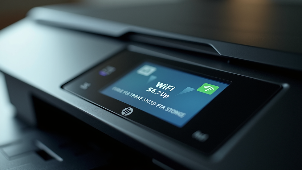 Close-up view of an HP printer control panel showing Wi-Fi setup screen