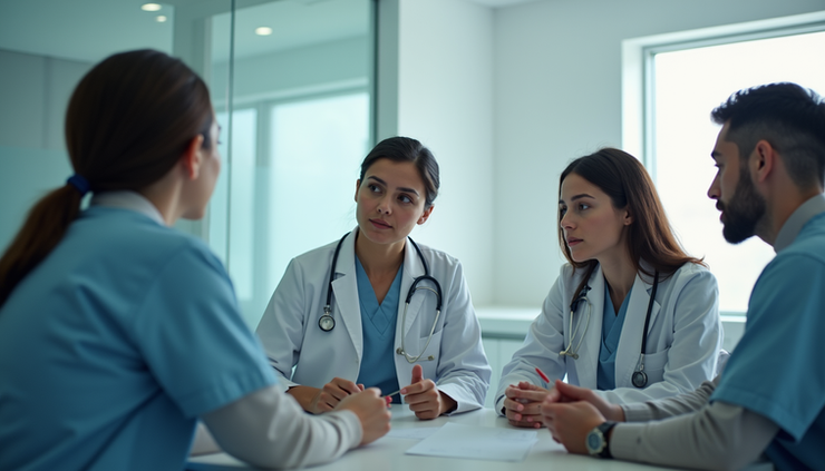 Vista laterale di un team medico durante una discussione multidisciplinare su un caso di tumore endometriale