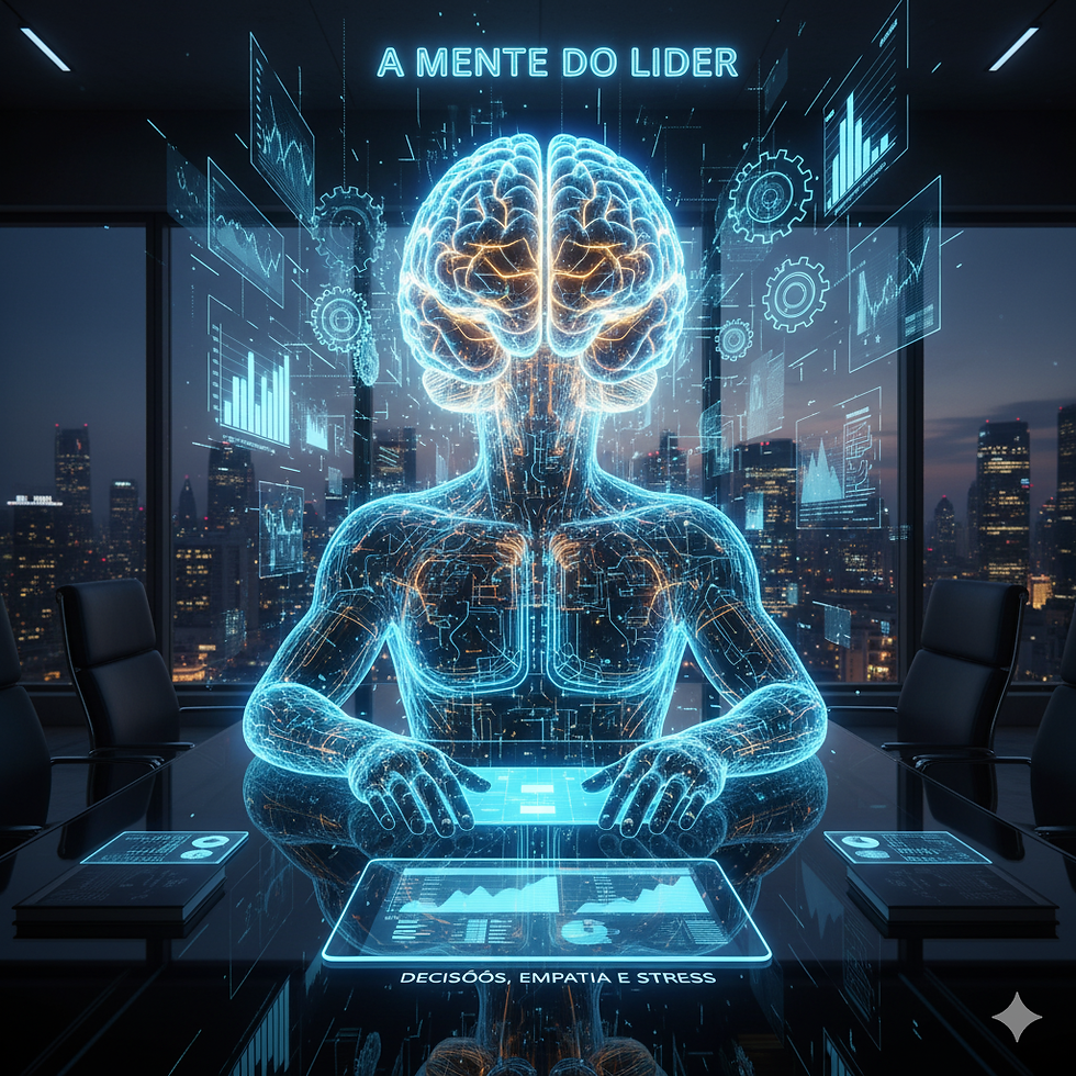 An illuminated and highlighted brain in a body, with graphs, plans and gears surrounding i, symbolising the leadership complexity.