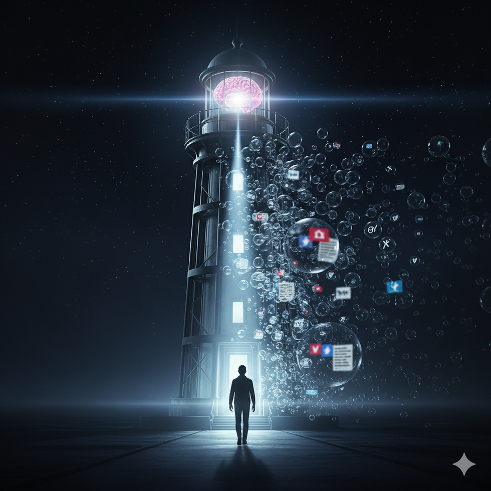 A brain at the top of the lighthouse, projecting a beam of light that passes through and illuminates a wall of bubbles, symbolizing the exit from the “echo chambers.”