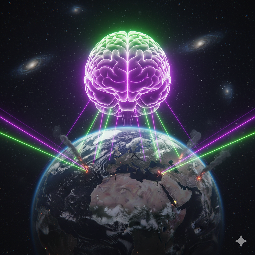 A luminous brain with purple and green lights in space, connecting via lights beans to a globe showing grey conflict zones and distant smoke