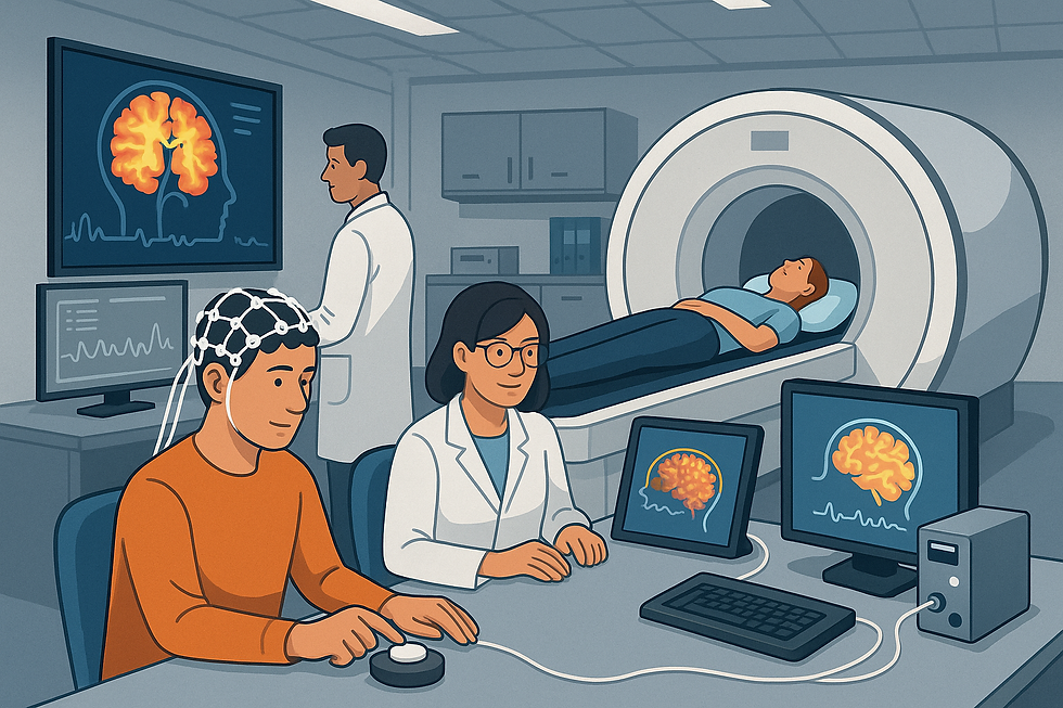 Neuroscientific equipment with experiment participants and neuroscientists analysing the brain in real time