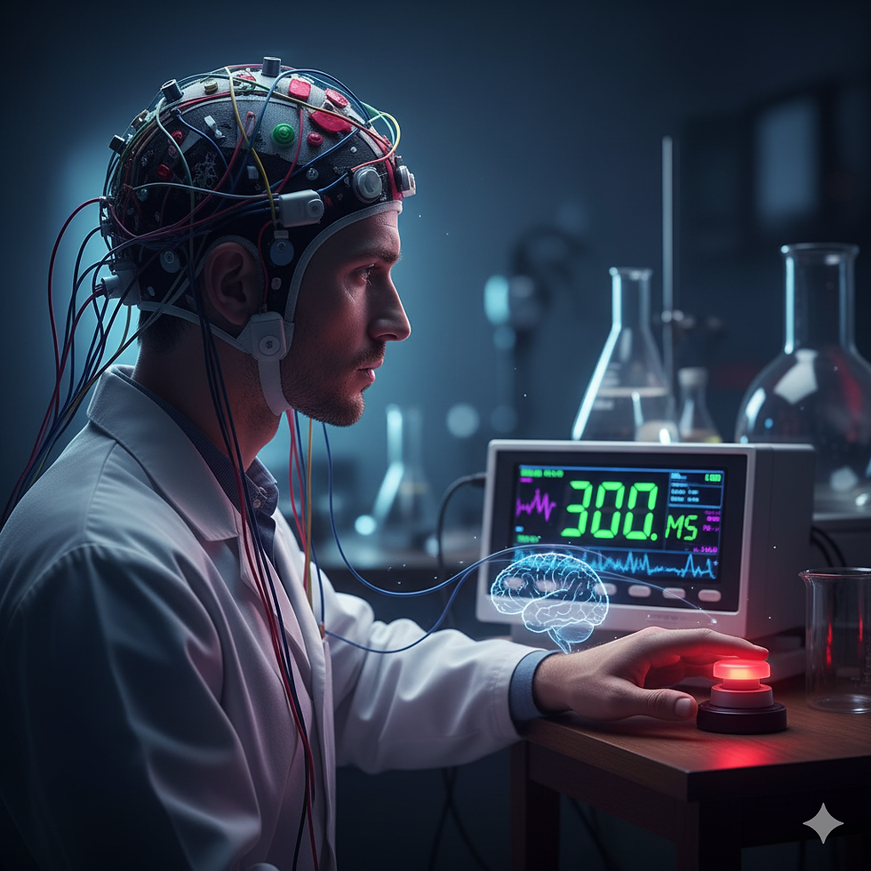 A man with electrodes doing and EEG and pressing a buttom representing Benjamin Libet experiment