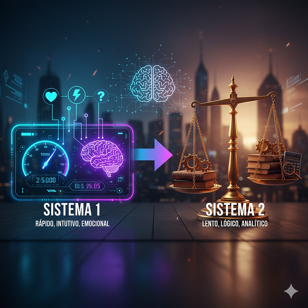 A city as a background with a dark and bright side. In the dark side is a panel with a velocimeter representing system 1 and on bright side a balance with books representing system 2