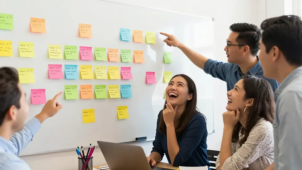 Sessão de brainstorming com post-its coloridos na parede mostrando perguntas hipotéticas do tipo "E se...", pessoas rindo e pensando criativamente em ambiente colaborativo descontraído