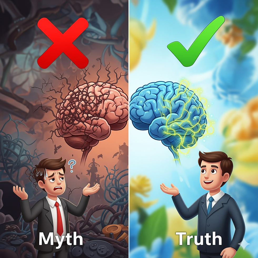 A draw of a businessman in the left red side in an messy environment and expression of lost and sweating, in the right side he is with a happy and calm expression in a clear and organised environment