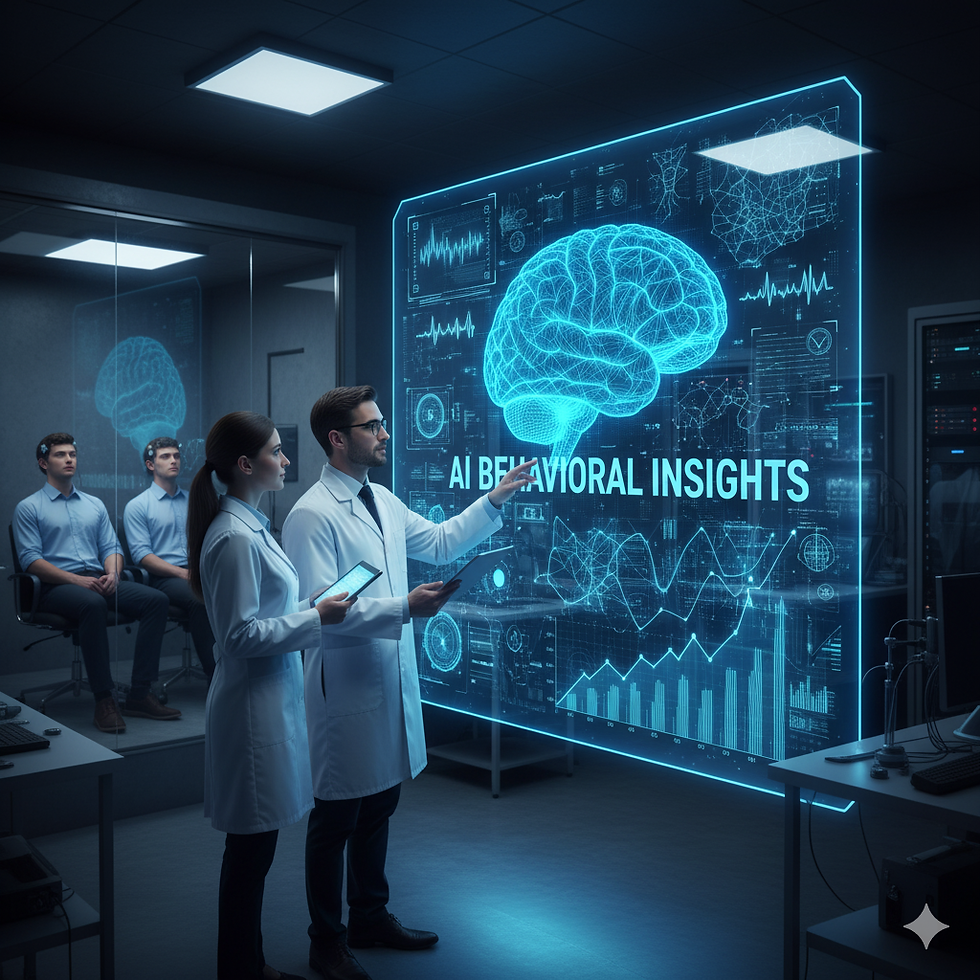 Scientists in a laboratory observing large screens that display brain data (EEG/fMRI) being processed and analyzed in real-time by an Artificial Intelligence system, symbolizing the mutual learning and continuous collaboration between humans and AI in brain studies.