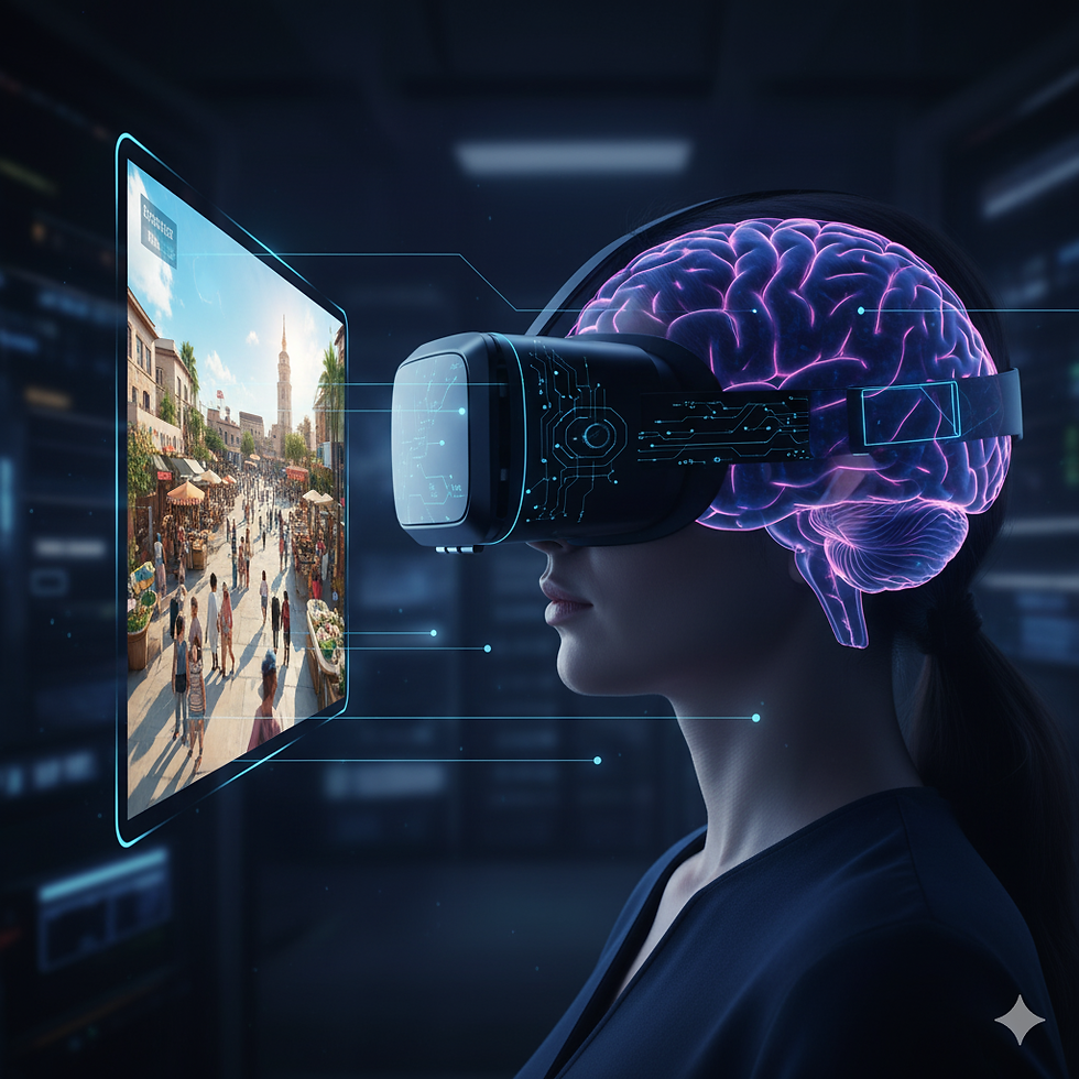 Side view of a person wearing a Virtual Reality headset, with a luminous representation of the brain. A floating screen nearby displays a realistic image of a busy street, symbolizing how the brain perceives the virtual environment as real.