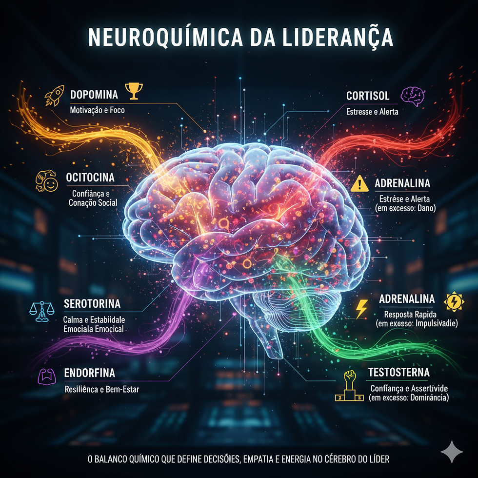 An expression of the main neurotransmitters and hormones mentioned in text (dopamine, oxitocin, cortisol, serotonin, adrenaline, endorphin, testosterone) with respectives effects in coloured icons, and diverse fluids floating out of the brain