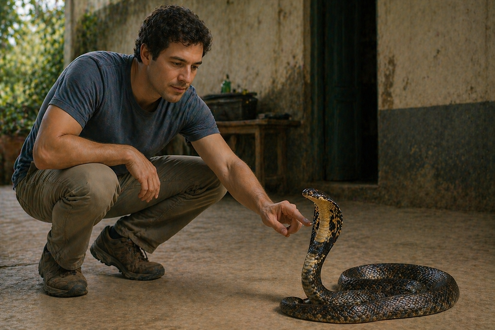 Pessoa interagindo calmamente com uma cobra venenosa em ambiente natural, sem demonstrar medo ou reação emocional, representando a falha no processamento do perigo pelo sistema límbico.