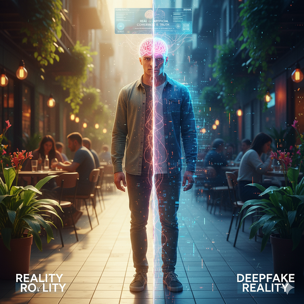 An image showing a person split in half, where one side is in a natural environment and the other in a digital or illusory setting, representing the confusion and the brain's difficulty in distinguishing truth from coherence in the digital age.