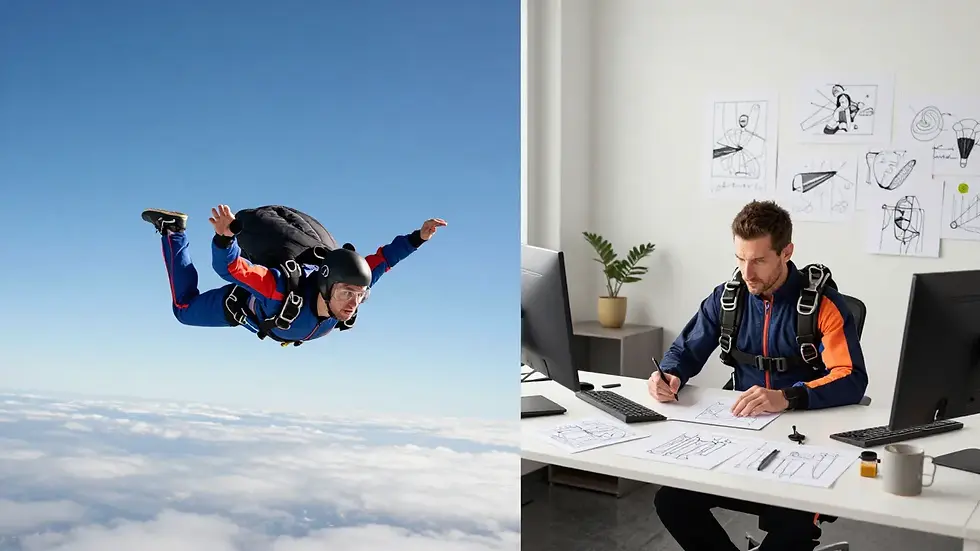 The same skydiver in free fall next as a designer working on a project, symbolizing the blend of experience and creativity