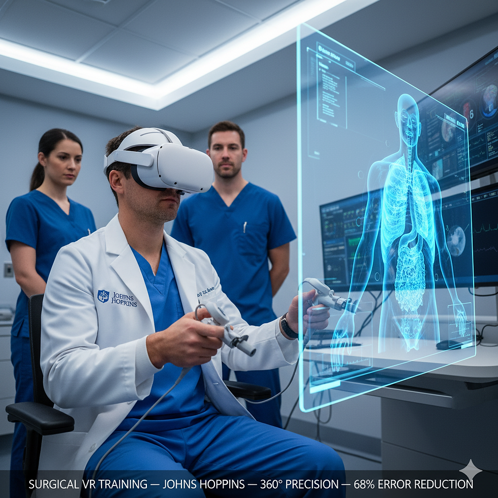 A photorealistic image of a healthcare professional wearing Virtual Reality glasses at a surgical training station. They are simulating a procedure with specialized instruments, with a visible 3D projection of anatomy, highlighting the precision and immersion of VR surgical training.