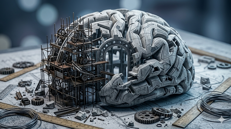 A close-up of the pre-frontal cortex with dark industrial scaffolding and broken gears mounted on the brain's surface. It symbolises stagnation and a blockage in building new habits. The background features blurred blue lights.