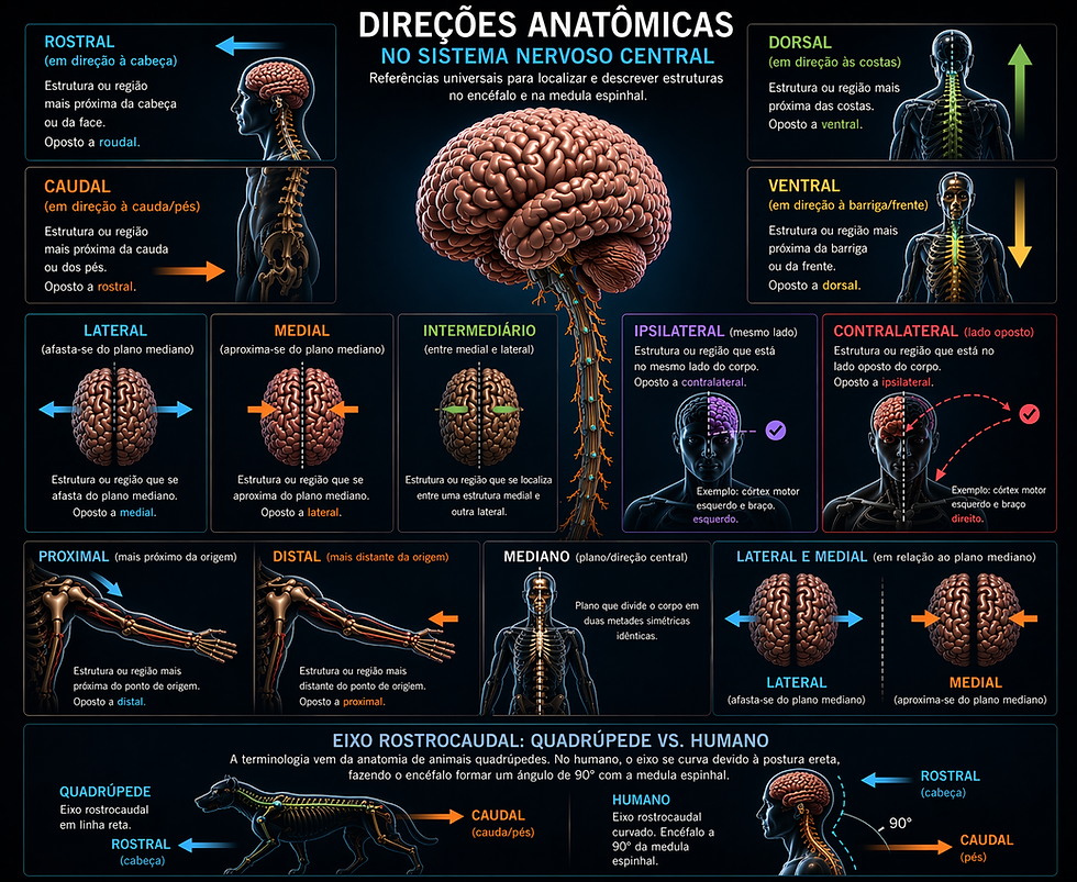 Infográfico neuroanatómico com cérebro, medula e setas mostrando direções como rostral, caudal, dorsal, ventral, lateral e medial.