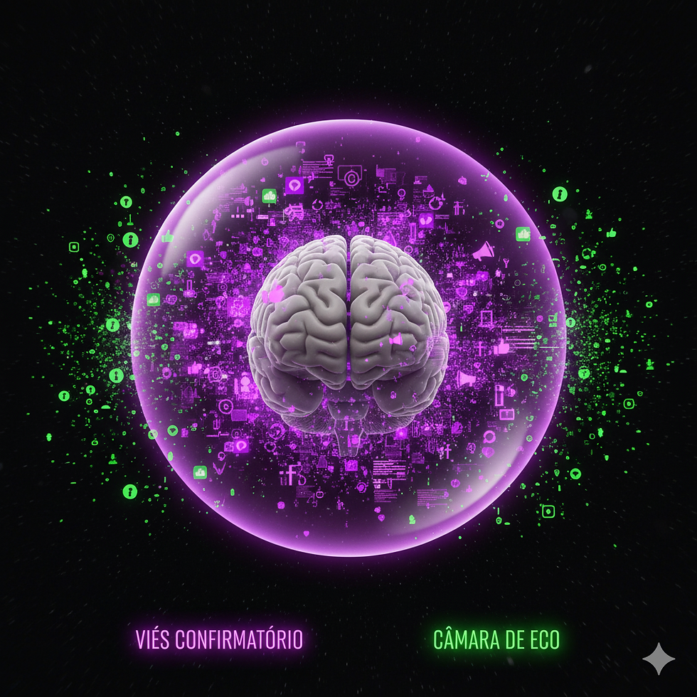 A gray human brain centered inside a translucent purple bubble, surrounded by multiple purple pieces of information, repelled by true information, representing confirmation bias and an echo chamber