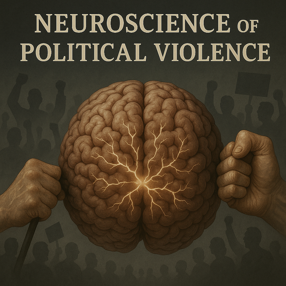 Human brain being pulled from both sides, with protests in the background.