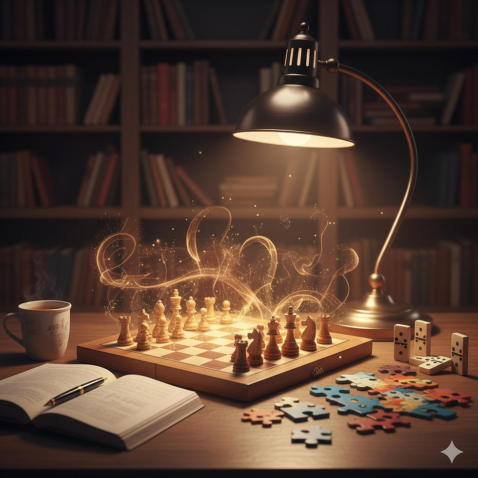 A cozy scene with a wooden chess board, domino pieces, and a jigsaw puzzle spread on a table. Subtle golden light swirls (symbolizing neural activity) emanate from the games, connecting physical stimulation to brain development.