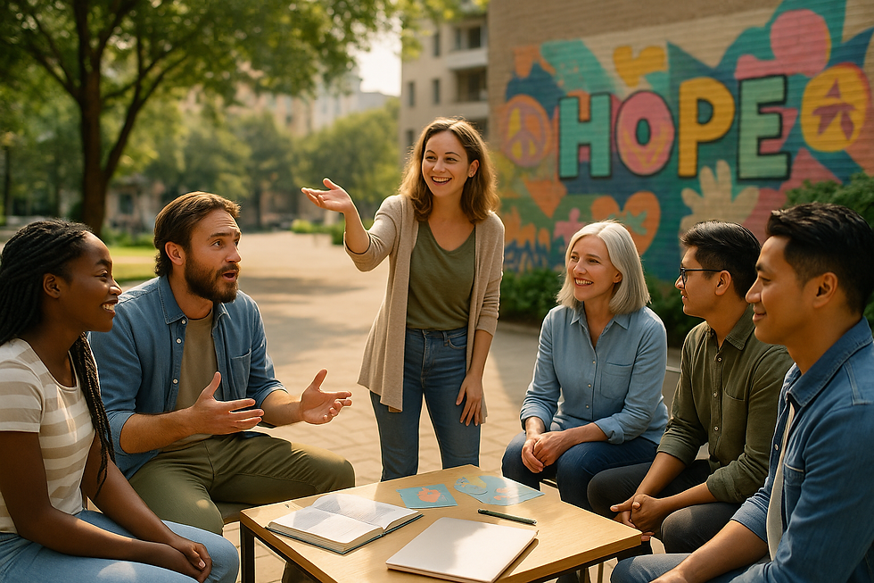 Diverse group talks outdoors, in front a colorful mural with the world HOPE.
