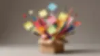 Small box with dynamic explosion of colorful papers, post-its and creative materials bursting upward, representing unleashed creativity