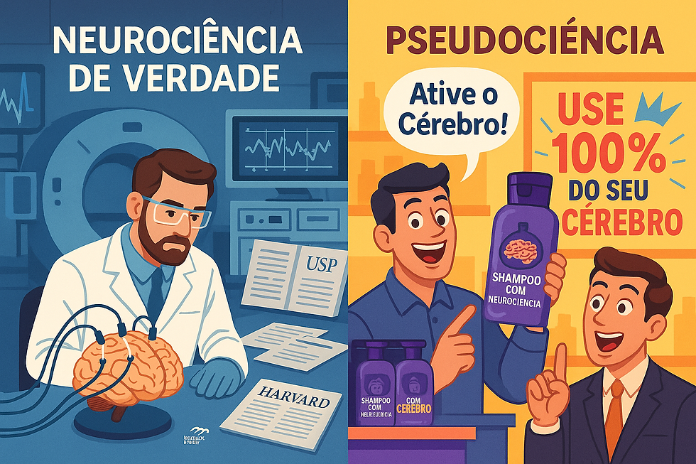 Comparison of a neuroscientist in a lab and pseudoscientists promoting pseudoscience (illustration)