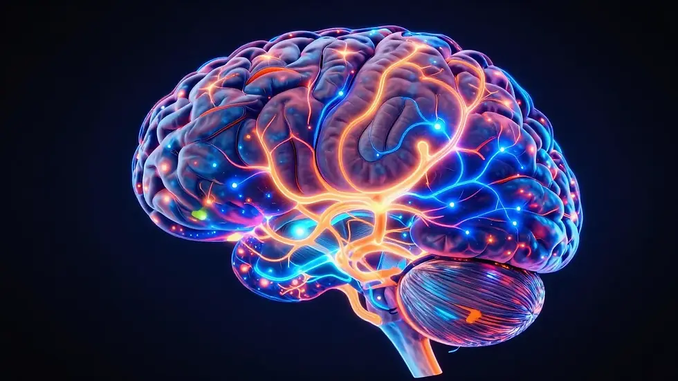 Visualização científica artística do cérebro humano com todas as áreas iluminadas em cores vibrantes mostrando atividade neural completa e engajamento cognitivo