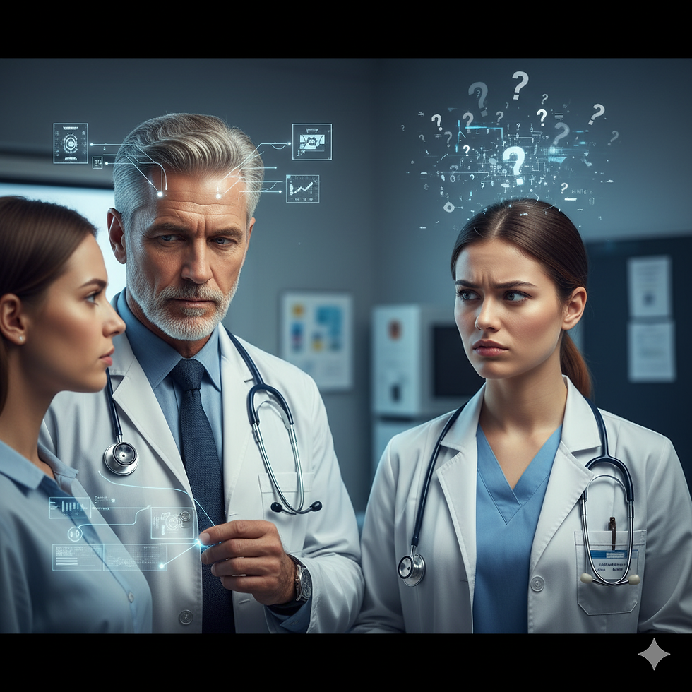 A doctor and a doctor apprentice examining a patient. While the experienced doctor had on his had panels with possible causes, the apprentice has a lot of interrogation