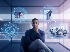 Representação de múltiplos cenários de vida conectados por redes neurais, simbolizando a construção do futuro.