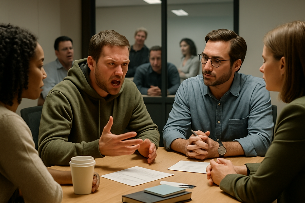 Agitated man in a meeting room, while other listen with empathy.