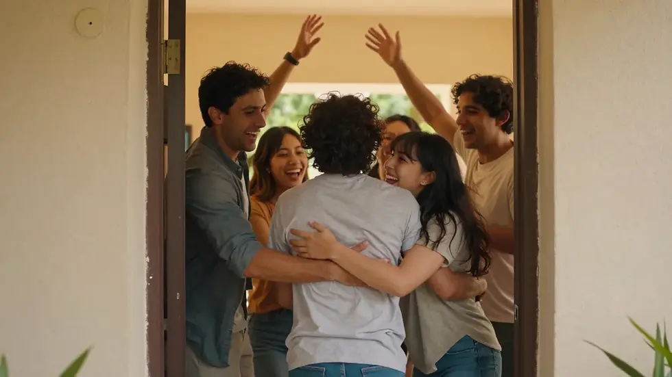 Pessoa chegando em casa sendo recebida calorosamente por várias pessoas com braços abertos na entrada, expressões genuínas de alegria e emoção, iluminação cinematográfica dourada transmitindo pertencimento e amor incondicional