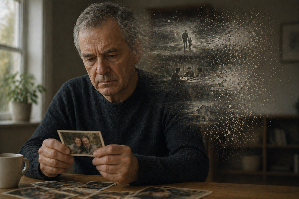 Homem idoso observando uma fotografia enquanto memórias ao seu redor se fragmentam e desaparecem, representando a perda progressiva da memória na doença de Alzheimer.