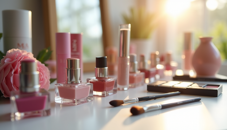 Eye-level view of a makeup table with various tint products and brushes