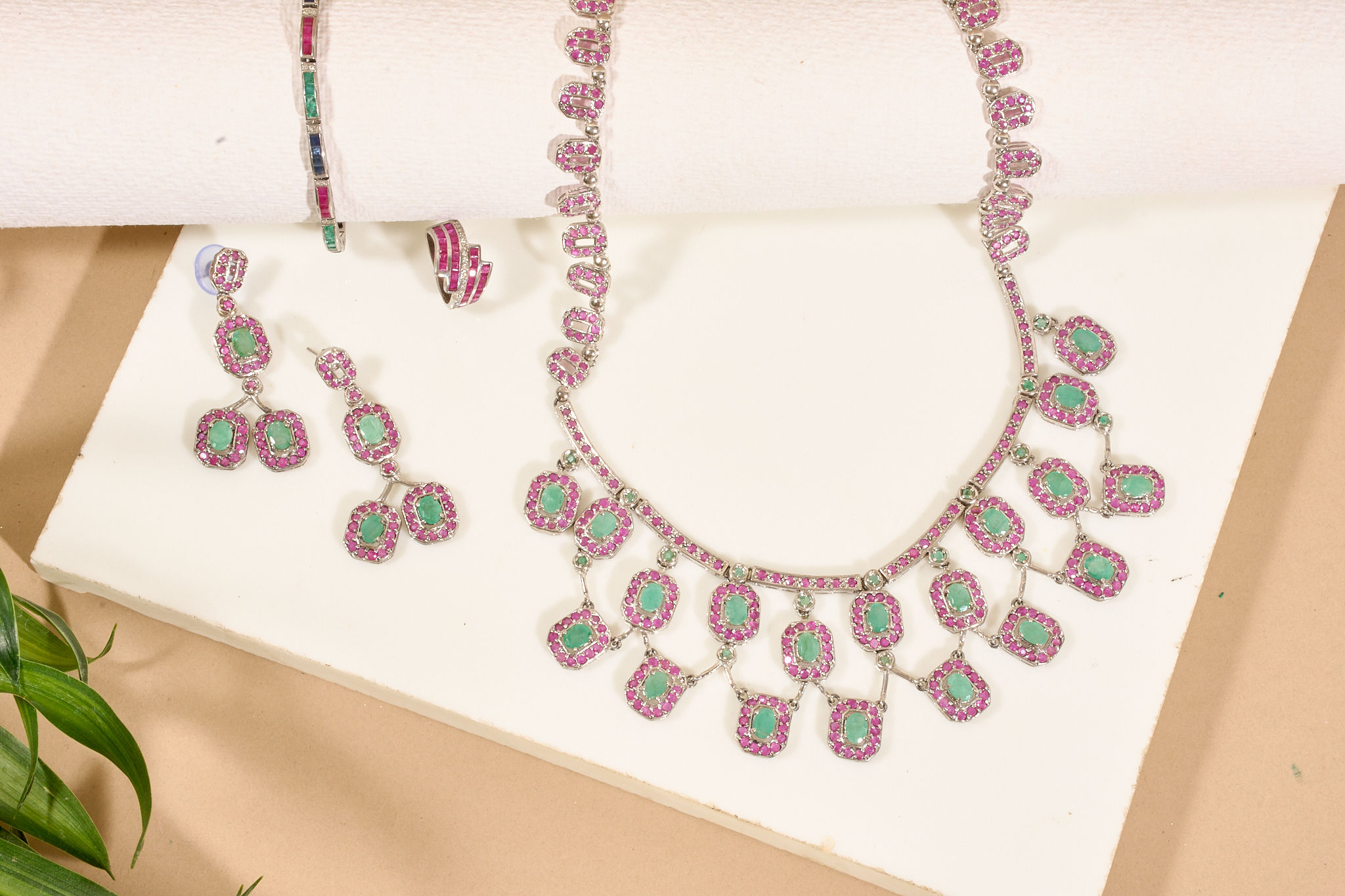 Real Ruby, Emerald & Sapphire Jewelry Set