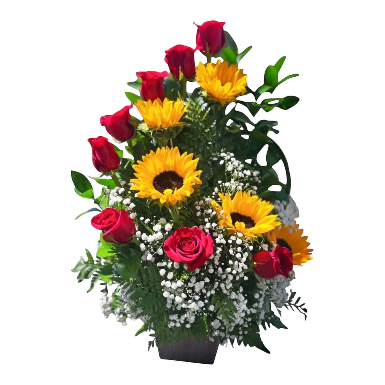 8 red roses, 5 sun flowers