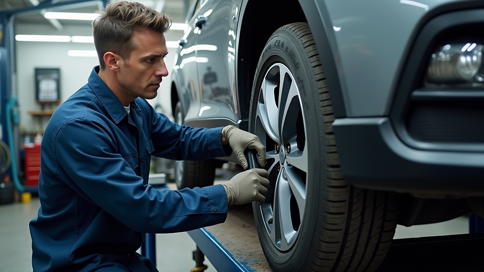 Close-up view of a car's wheel alignment equipment in use