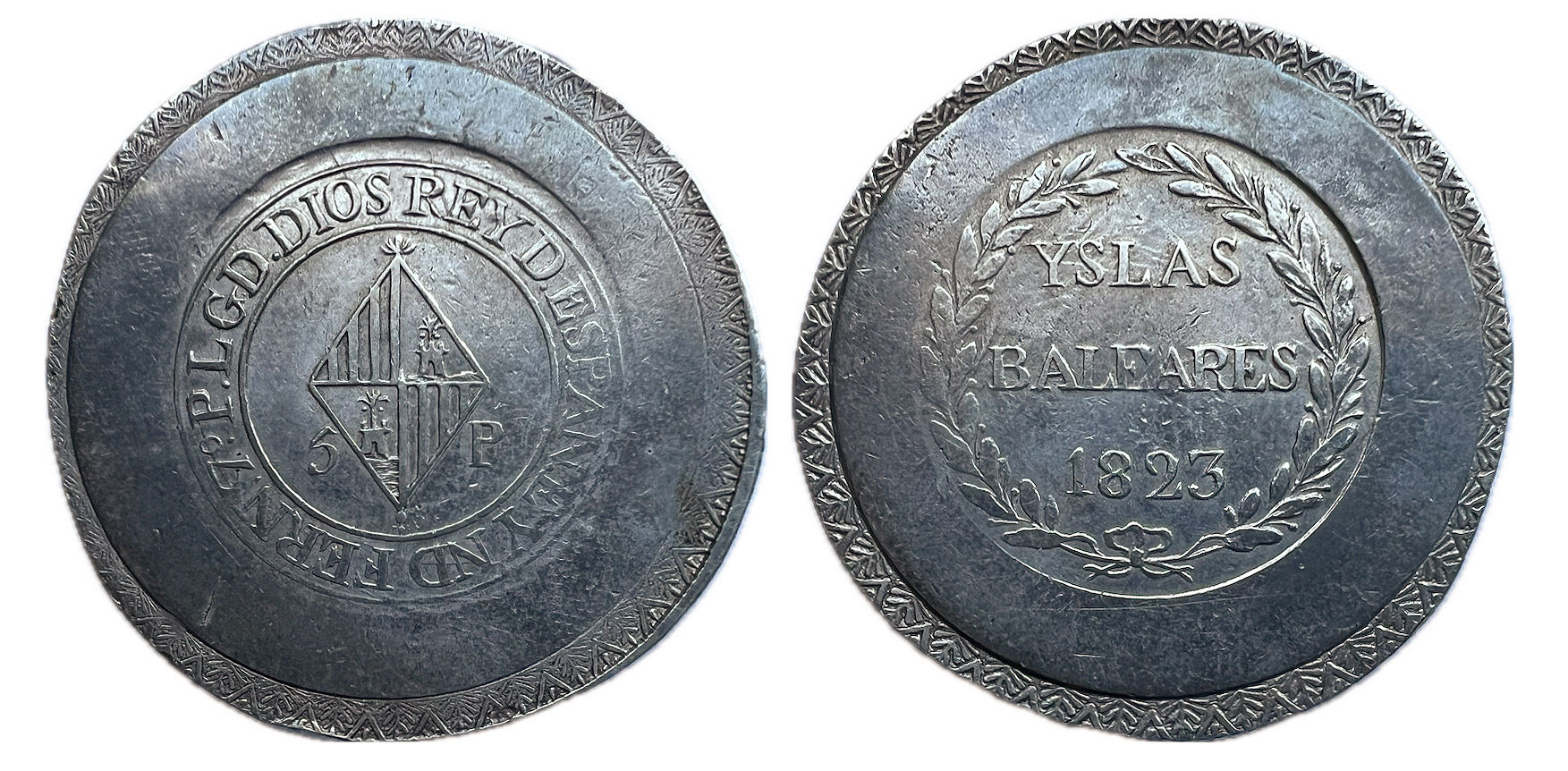 5 Pesetas de Fernando VII. Mallorca. 1823.