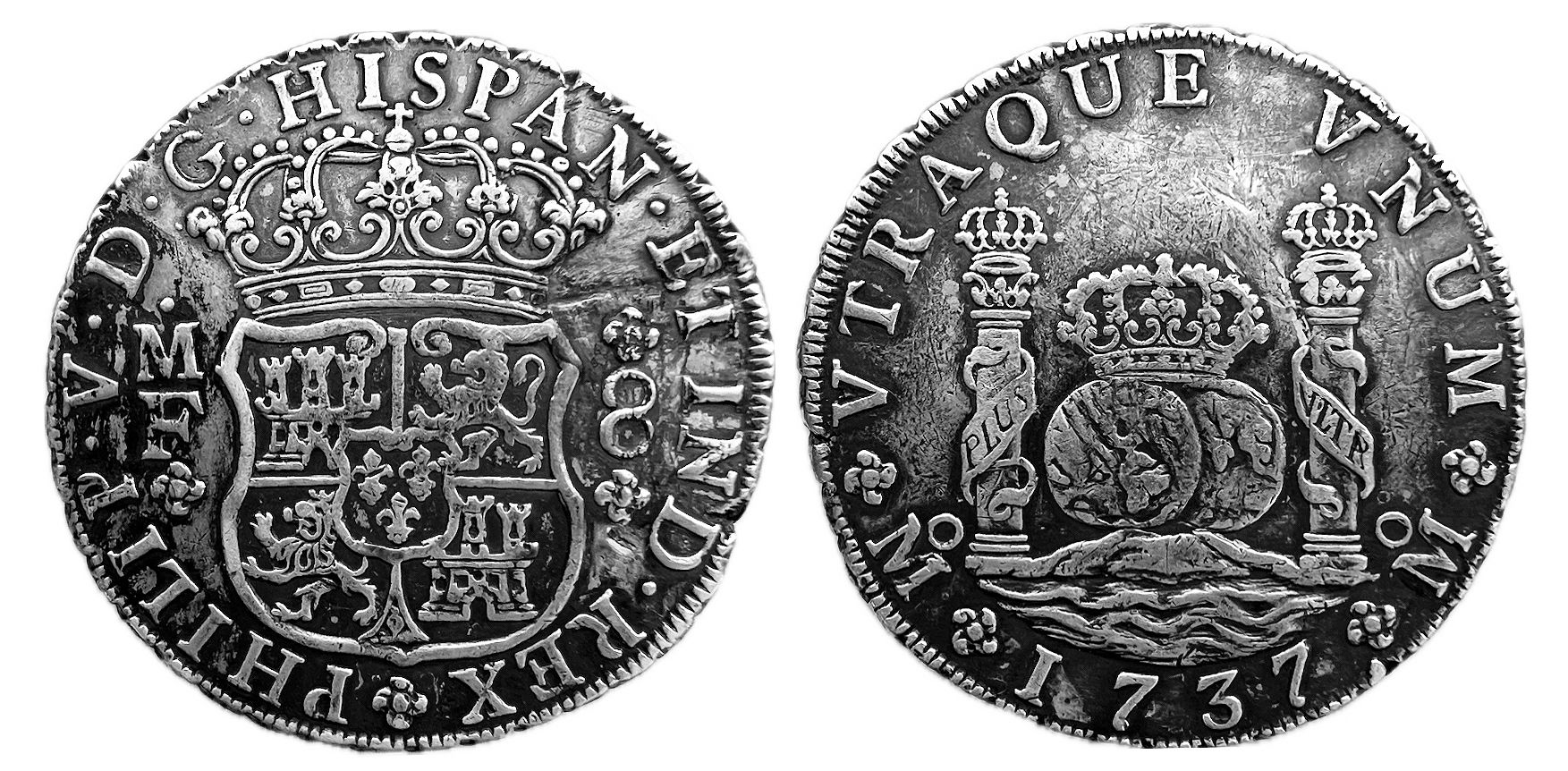 8 Reales. México. M.F. 1737. Felipe V. Columnario.