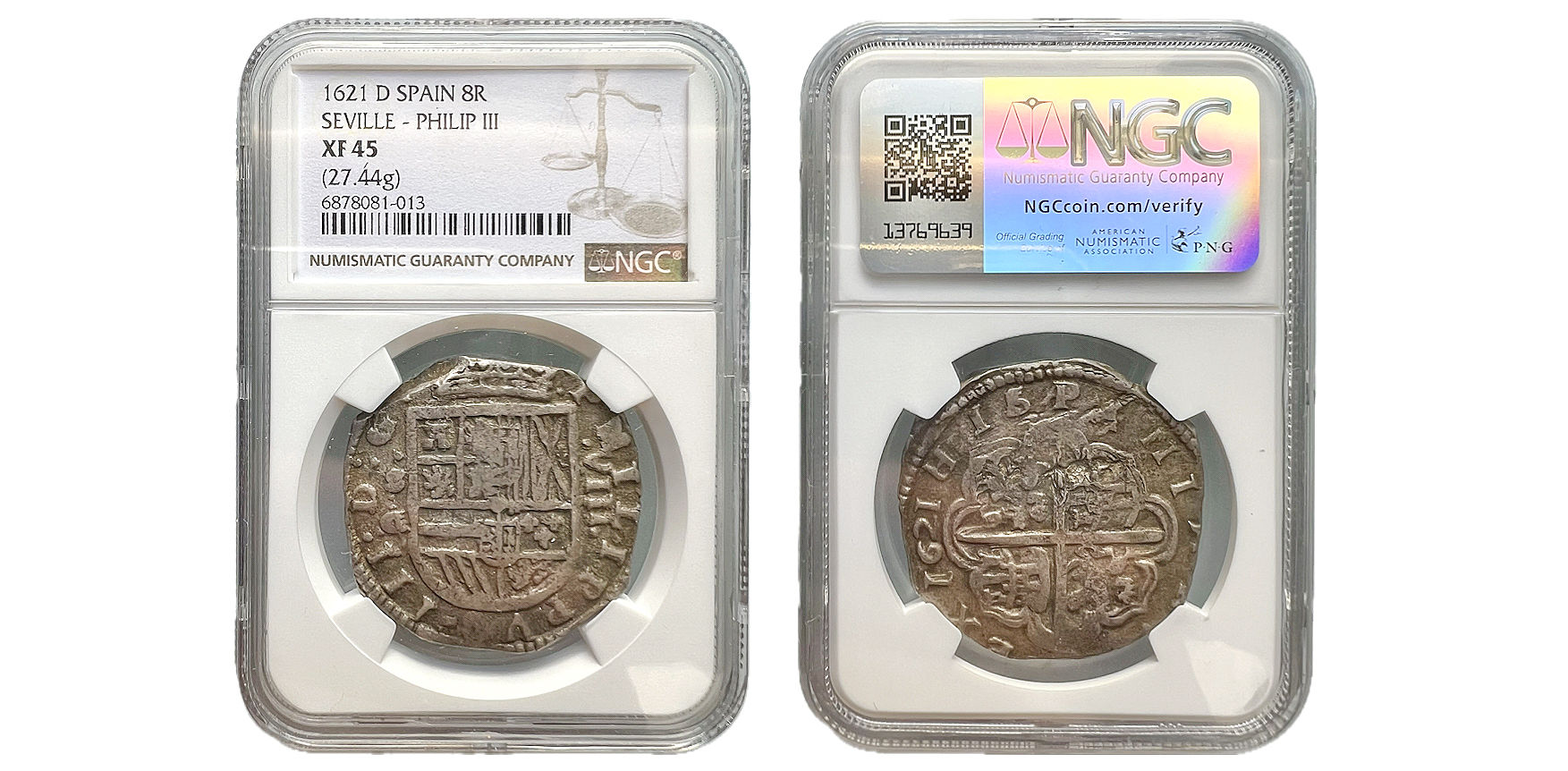 8 Reales. Sevilla. Felipe III. Macuquina. 1621. Sobre fecha. NGC. XF45. Galano.