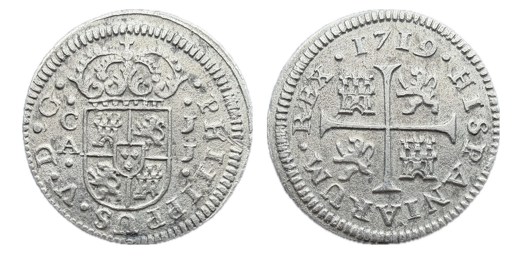 Medio real. Felipe V. 1719. Cuenca. 1/2 real. J.J.