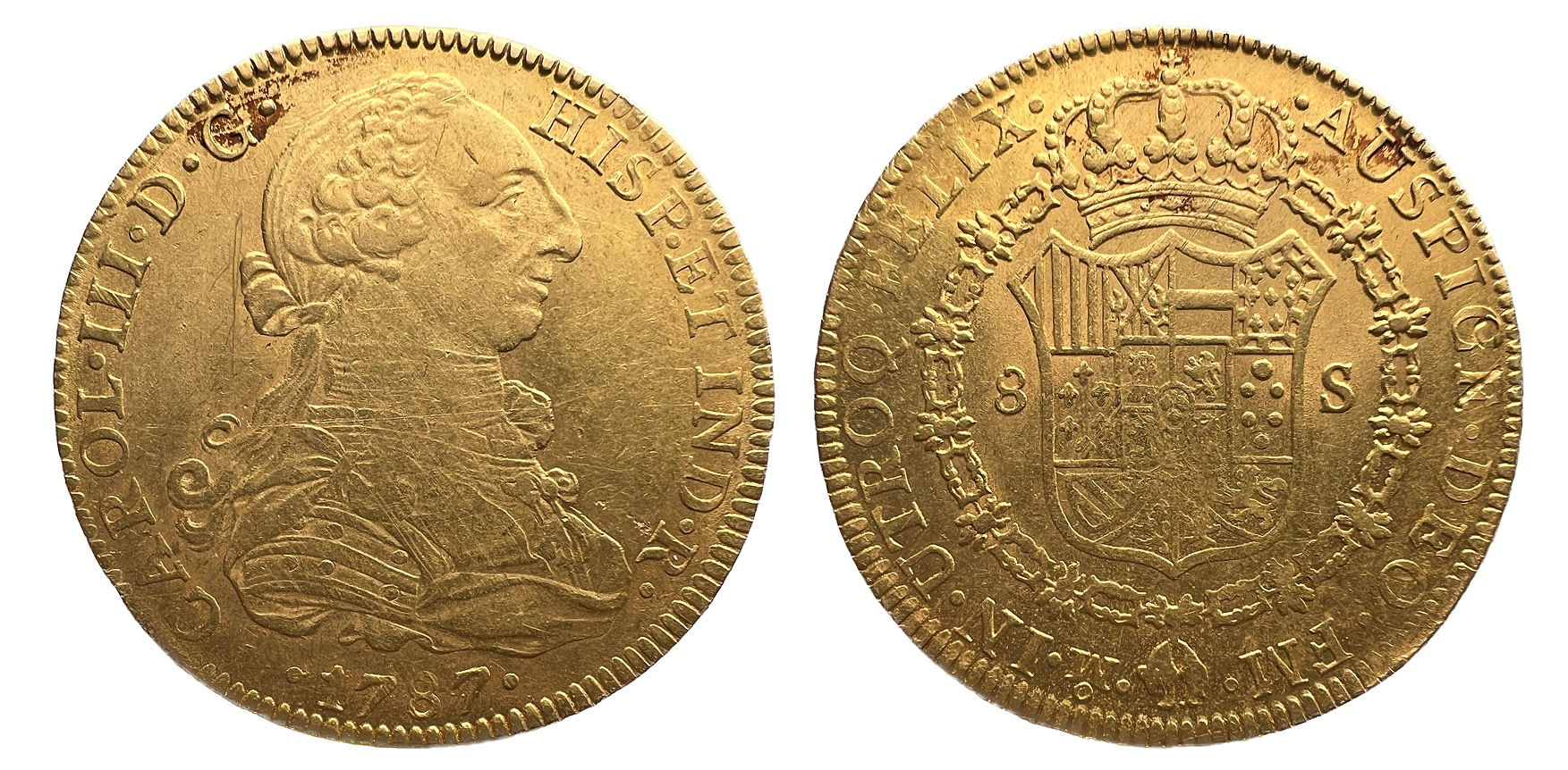 8 Escudos. México. F.M. 1787. Carlos III. Onza.
