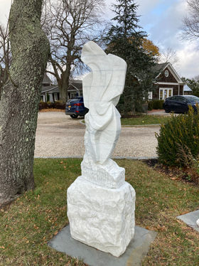 Carved by American contemporary sculptor Paul Maus, this sculpture is an abstract white danby marble figurative sculpture of a women’s torso. Exterior